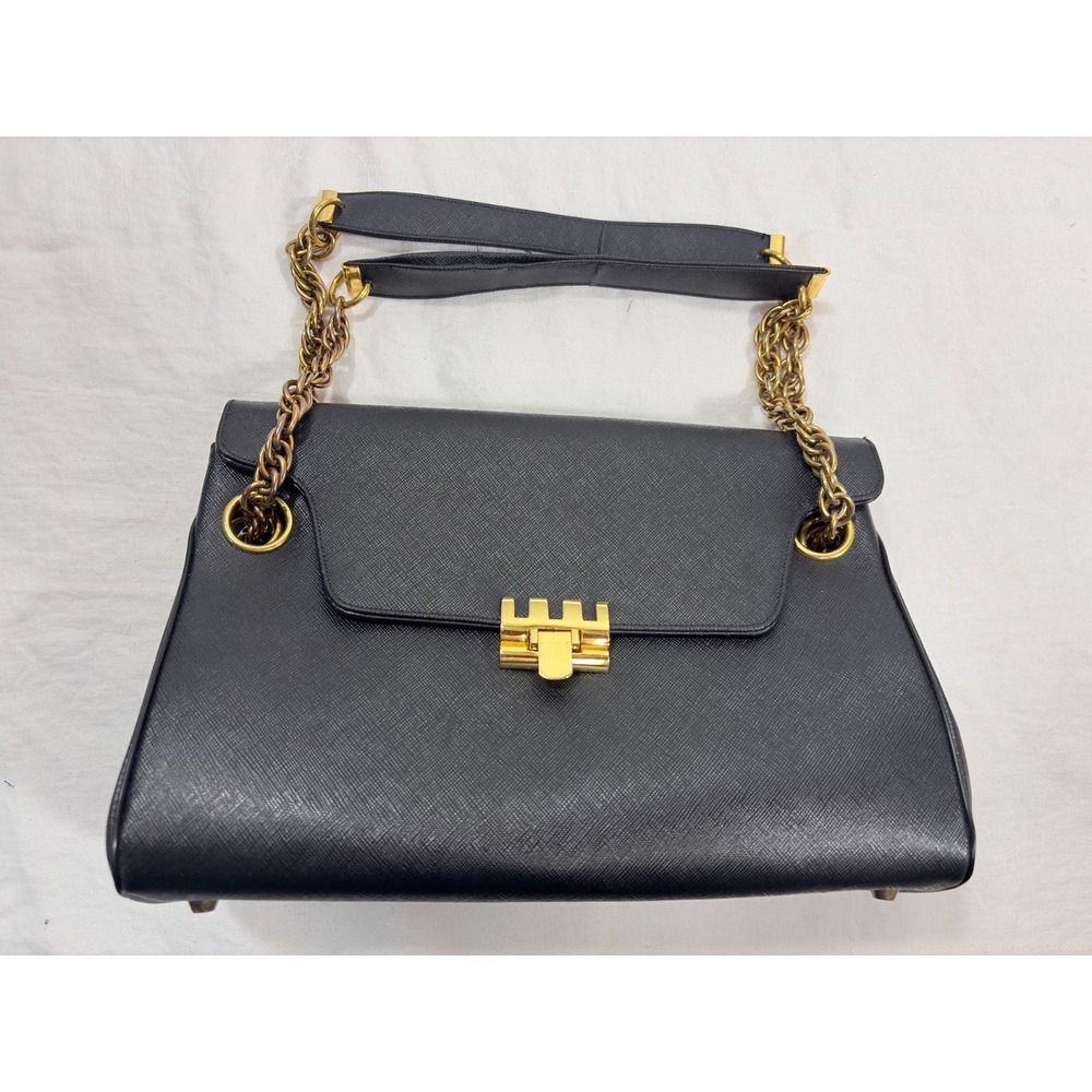 Vtg Koret Black Pebble Leather Double Gold Chain Handbag‎ Purse Classic Luxury